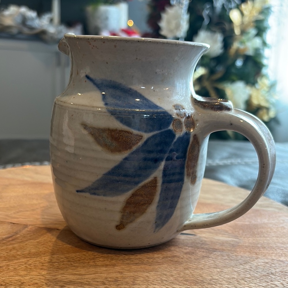 Handcrafted Blue and Brown Ceramic Pitcher with Leaf Design